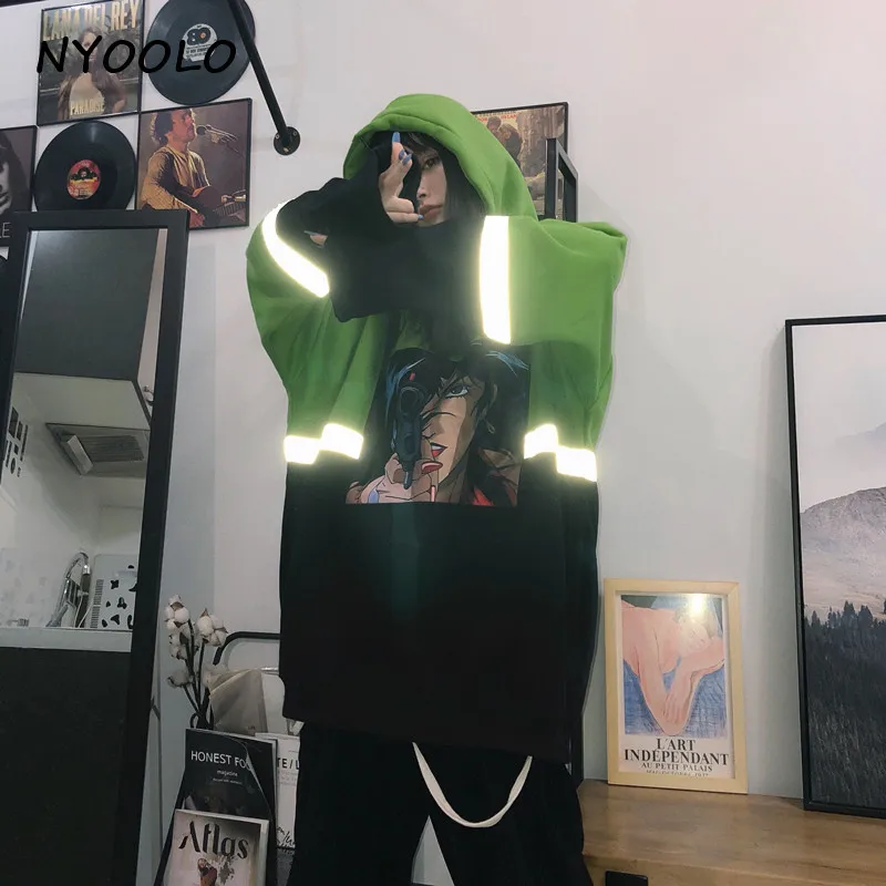NYOOLO Harajuku уличные комиксы патч Светоотражающие Лоскутные теплые толстовки осень зима с капюшоном пуловеры утолщенная Толстовка Женский Топ