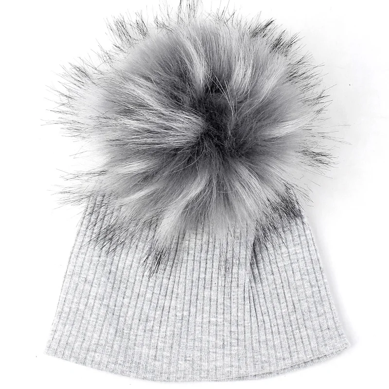 light gray 19 Geebro/мягкие ребристые хлопковые шапки-бини для новорожденных, шапки с помпон с искуственным мехом для маленьких мальчиков и девочек, детские шапки на осень и зиму - Цвет: light gray 19