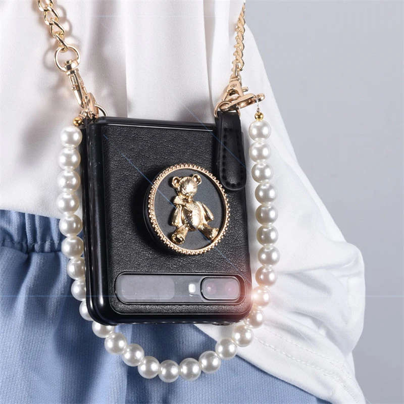 For Samsung Galaxy Z Flip 5G 4G 3 Flip3 DIY Fashion Classic Bear Bracket Pearl Long Metal Chain Handbag Leather Phone Case Cover samsung z flip3 case