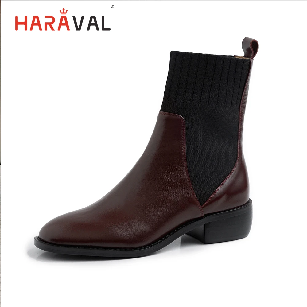 HARAVAL Fashion Vintage Lady Ankle Boot Winter Luxury Genuine Leather Square Toe Low Heels Shoes Solid Slip-on Women Boots B208