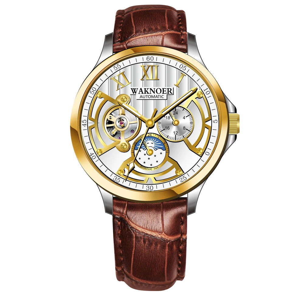 WAKNOER Мужские механические часы мужские часы личные кожаные ремни водонепроницаемые автоматические часы zegarek meski relogio masculino - Цвет: Brown Gold