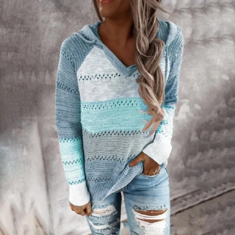 

2020 Autumn Patchwork Sweater Women Casual Striped Hooded Knitted Sweater Tops Fashion Long Sleeve V-Neck Female Pullover Jumper