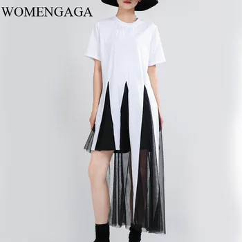 

WOMENGAGA 2020 Summer New O-neck Mesh Patchwork T-shirt Irregular Short Personality Street Trendsetter Girl Female w0013
