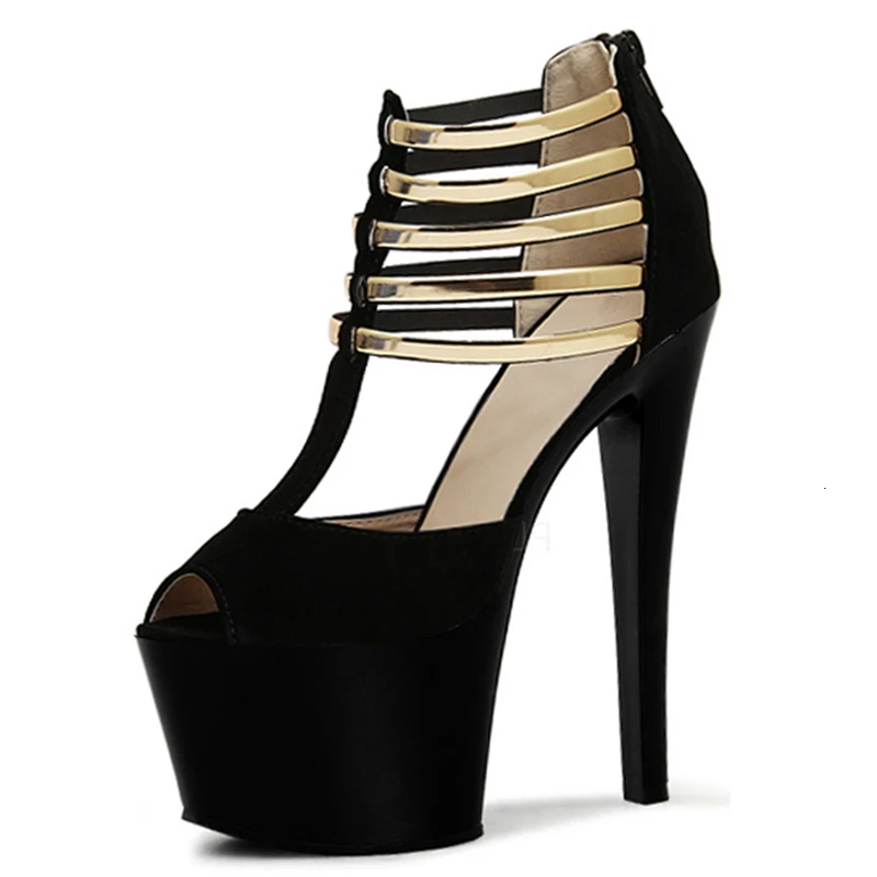 

Twerk Night Club Party Black Thin High Heels Women Shoes Open Toe Ankle Thick Platform Belt-buckle Roma Sandal Big-size