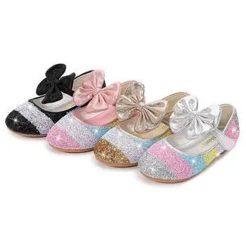 

Sweet Girls Princess Shoes New Bowknot Children Princess Sequins Flat Heels Dancing Kids dress Shoes size 24-37
