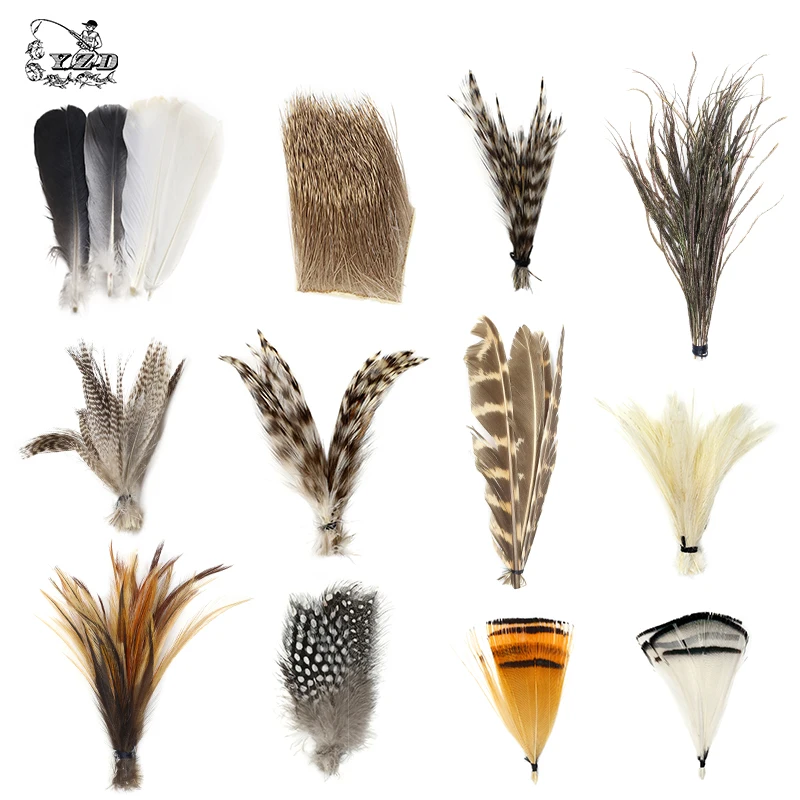 

Материалы для подвязки мух, набор из 12 видов натуральных перьев, оленьей шерсти, фазана, приманки для подвязки мух, для влажной и сухой Нимфы