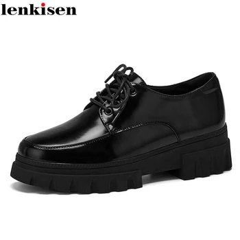 

Lenkisen preppy style high fashion cow leather round toe med heels wedges thick bottom lace up superstar daily wear pumps L22