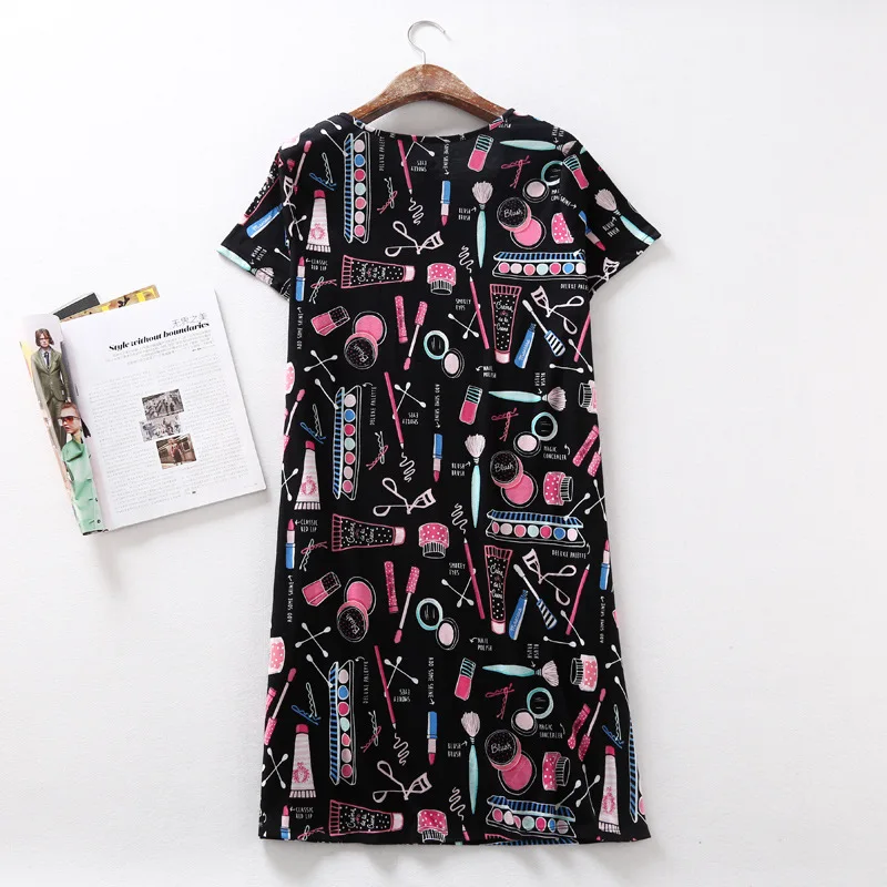 Summer Women Casual Cartoon Sleep Dress Ladies Cotton Nightgown Female Short Sleeve Black Home Dress Plus Size Sleepshirt