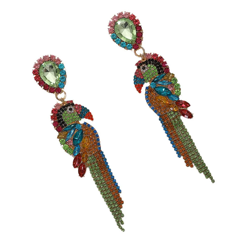Длинные цветные стразы в форме попугая, Кристальные серьги с кисточками для женщин, большие богемные блестящие висячие серьги 3C3008