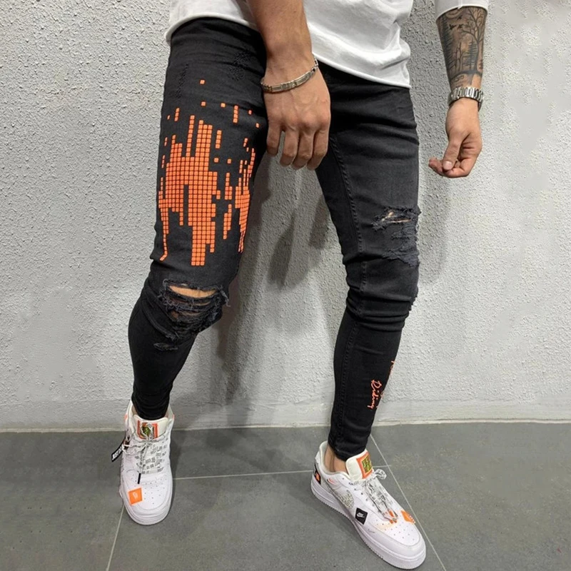 

US size Men Streetwear Digitally printed Knee Ripped Skinny Jeans distressed Destroyed printed Hip-hop biker Joggers Denim pants