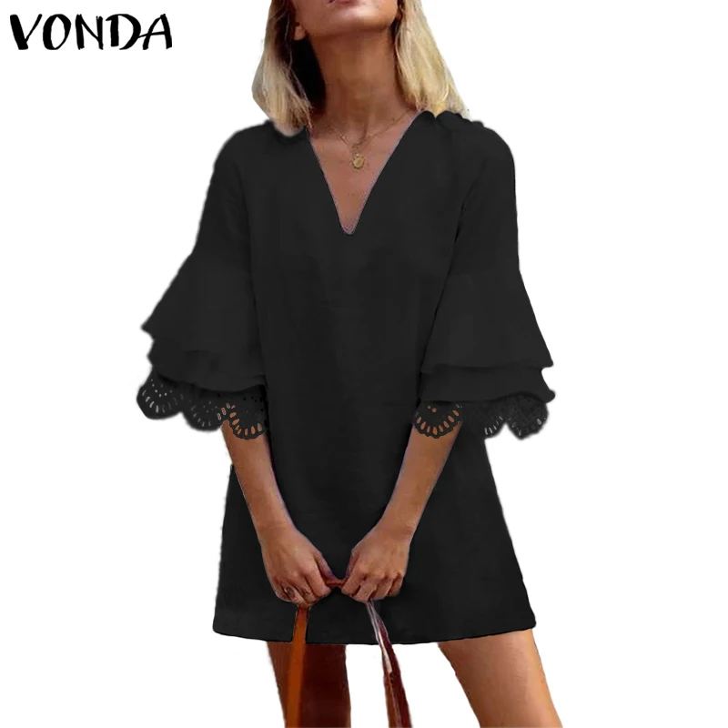 Черный VONDA 5XL вечерние мини-платья для женщин, Осенний сарафан с v-образным вырезом, элегантные женские платья, летнее пляжное платье, богемное платье - Цвет: Черный