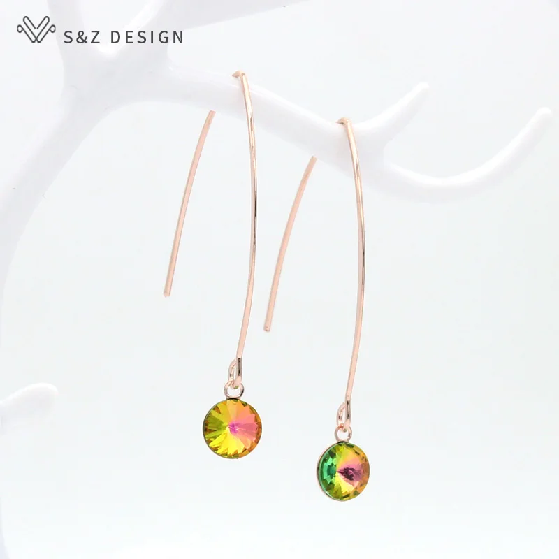 S&Z DESIGN New Fashion Long Round Colorful Crystal Dangle Earrings For Women Girl Wedding Jewelry 585 Rose Gold Color Eardrop