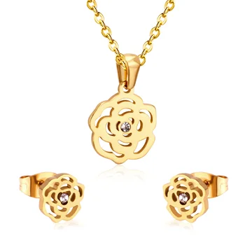Flower Pendant Chain Necklace Earrings Dubai Bridal Wedding Jewelry Sets For Women Stainless Steel Gold Fashion Jewelry Sets