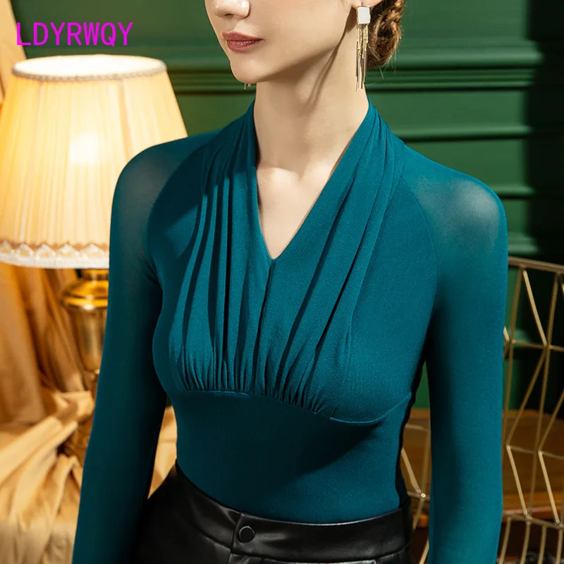 Fall 2021 new V-neck mesh bottoming shirt women slim strapless sexy long-sleeved top 2023 nightclub bar disco sexy mesh spaghetti strap inspirational sexy slim fit slimming and short bottoming vest dress for women