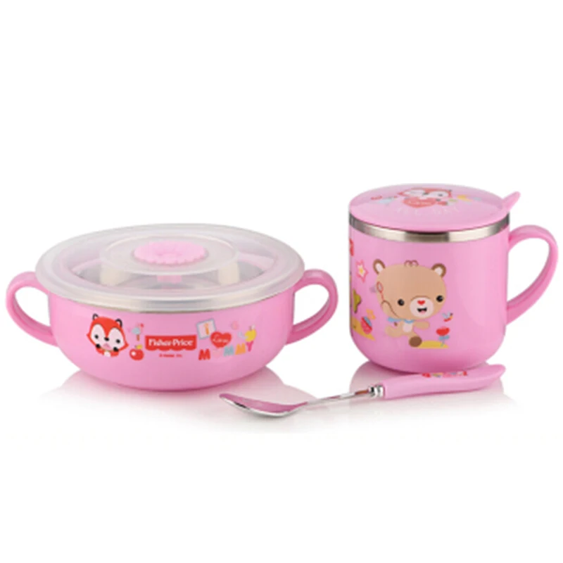 FISHER-PRICE Children's cutlery set baby stainless steel eating bowl spoon Anti-scalding cup with lid complementary food bowl