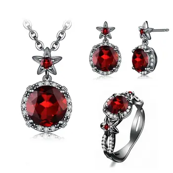 

2020 Created Red Garnet Jewelry Set Black Gold Gemstone Earrings Ring Pendant Necklace Punk Fine Wedding Jewelry Set For Women