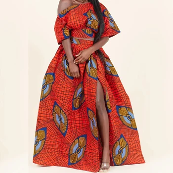 

African Stylish Pattern Luxury Two Piece Set Women Outfits 2020 New Slash Neck Mini Tops High Elastic Waist Skirts Sexy Party