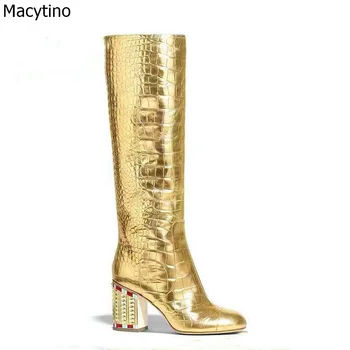 

Snake Print Knee Boots Women Autumn Winter Western Cowboy Wedge Boots Women High Heel Boots Gold Handmade Crystal Beaded Shoes