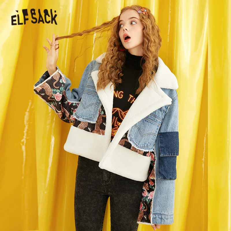 awesome ELFSACK Blue Floral Printed Teddy Lazy Women Denim Coat 2019 Winter New Polar Fleece Straight Casua