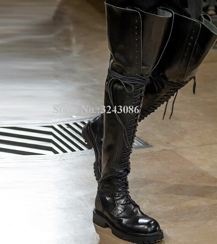 thigh high lace up flat boots