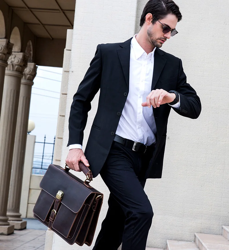 Dark Brown Unisex Large Leather Travel Laptop Bags Briefcase