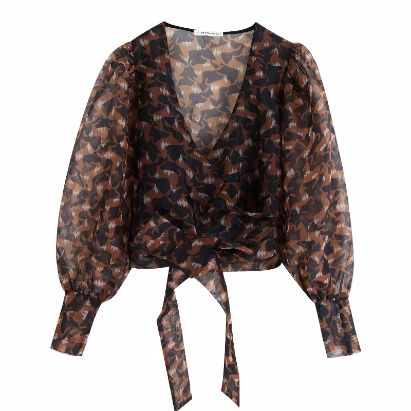 Comprar Mujeres Cruz cuello v impresión transparente organza smock blusa camisas mujeres dobladillo atado kimono blusas retro chemise tops LS4321