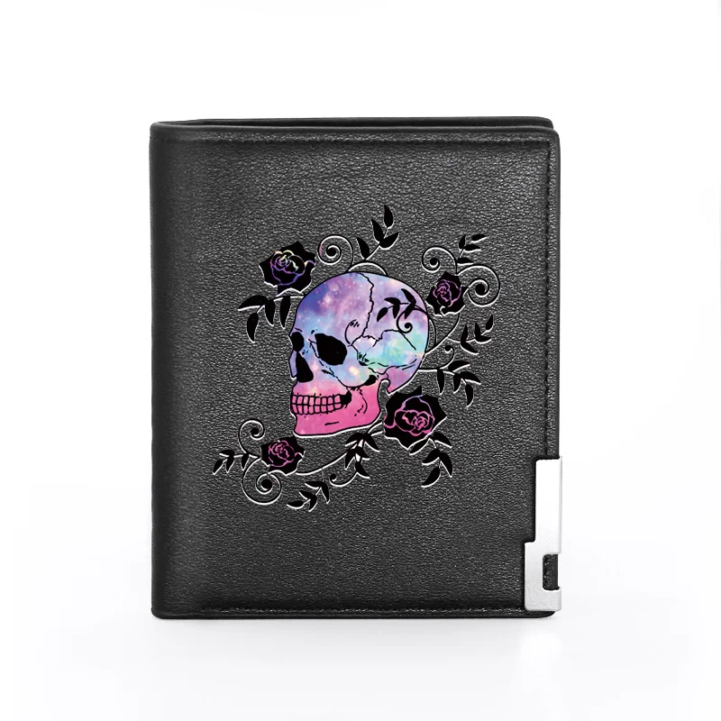 High Quality Fire Skull Cover Men Women Leather Wallet Billfold Slim Credit Card/ID Holders Inserts Male Short Purses 