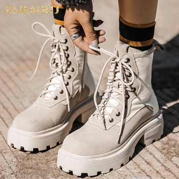 

Sarairis Hot Sale 2020 Cow Suede Comfy Shoes Woman Boots Zipper Comfortable British Style Lace-up Platform Vintage Boots