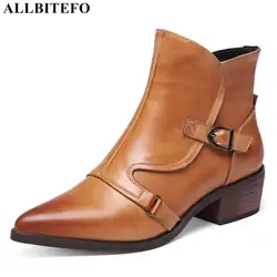 ALLBITEFO/Новые модные брендовые женские ботинки из натуральной кожи на низком каблуке Зимние ботильоны для женщин Ботинки martin Размеры: 34-42