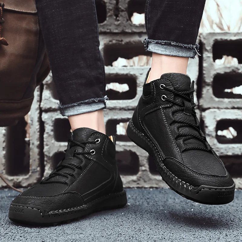 Nine o'clock Stylish Men's Leather Boots Casual Outdoor Street High-top Male Shoes Vintage Winter Warm Footwear Large Size 38-48
