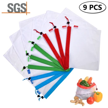 

Eco-friendly Vegetable Fruit Polyester Bag With Drawstring Reusable Home Kitchen Storage Mesh Bag For Shopping Machine Washable