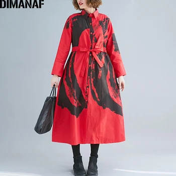 

DIMANAF Plus Size Women Dress Elegant Office Lady Vestidos Vintage Print Female Button Shirts Dress Loose Long Sleeve With Belt