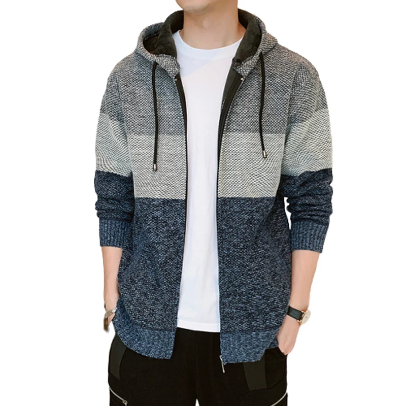 

2020 Thick Cardigan Mens Sweater Zipper Striped Hooded Colorblocking Fashion Warm Slim Knitted Sweater Male Fleece Hoodies Coats