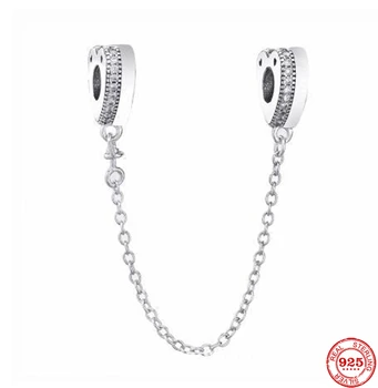 Silver 925 Sparkling Clear Sparkle Flower Safety Chain Charm Bead Fit Original Pandora Bracelet Pendant DIY Jewelry For Women 22