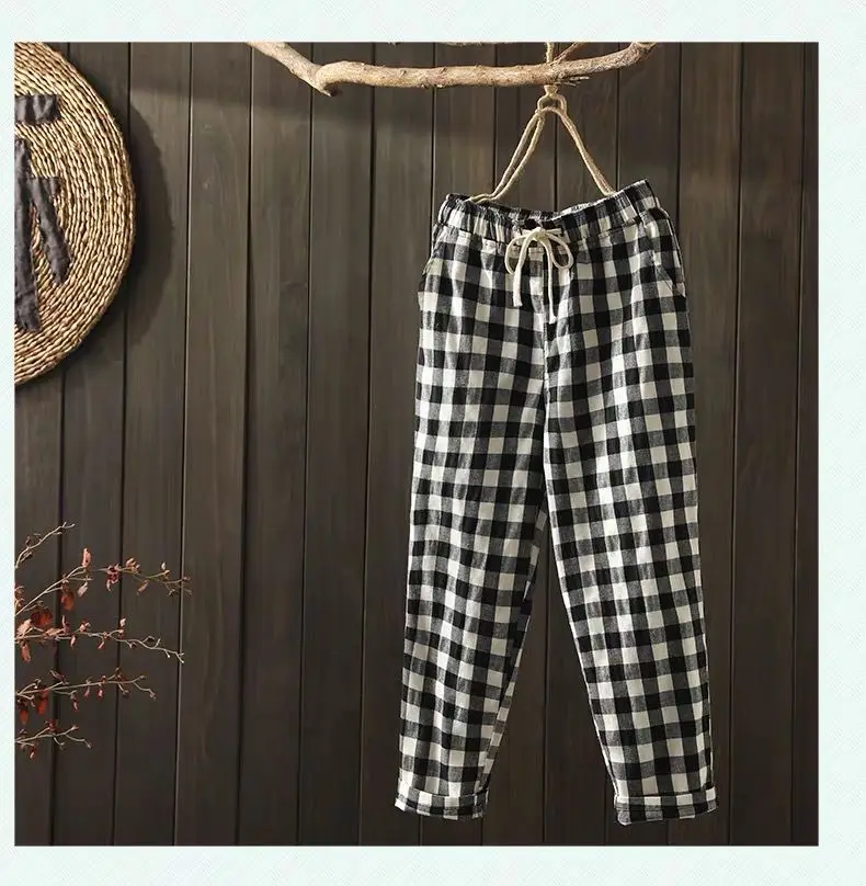 cargo capris 2021 Spring Summer Plaid Pants Women's  Harem Pants Capris Drawstring Waist Large Size Casual Loose Cotton Linen Trousers Women high waisted jeans