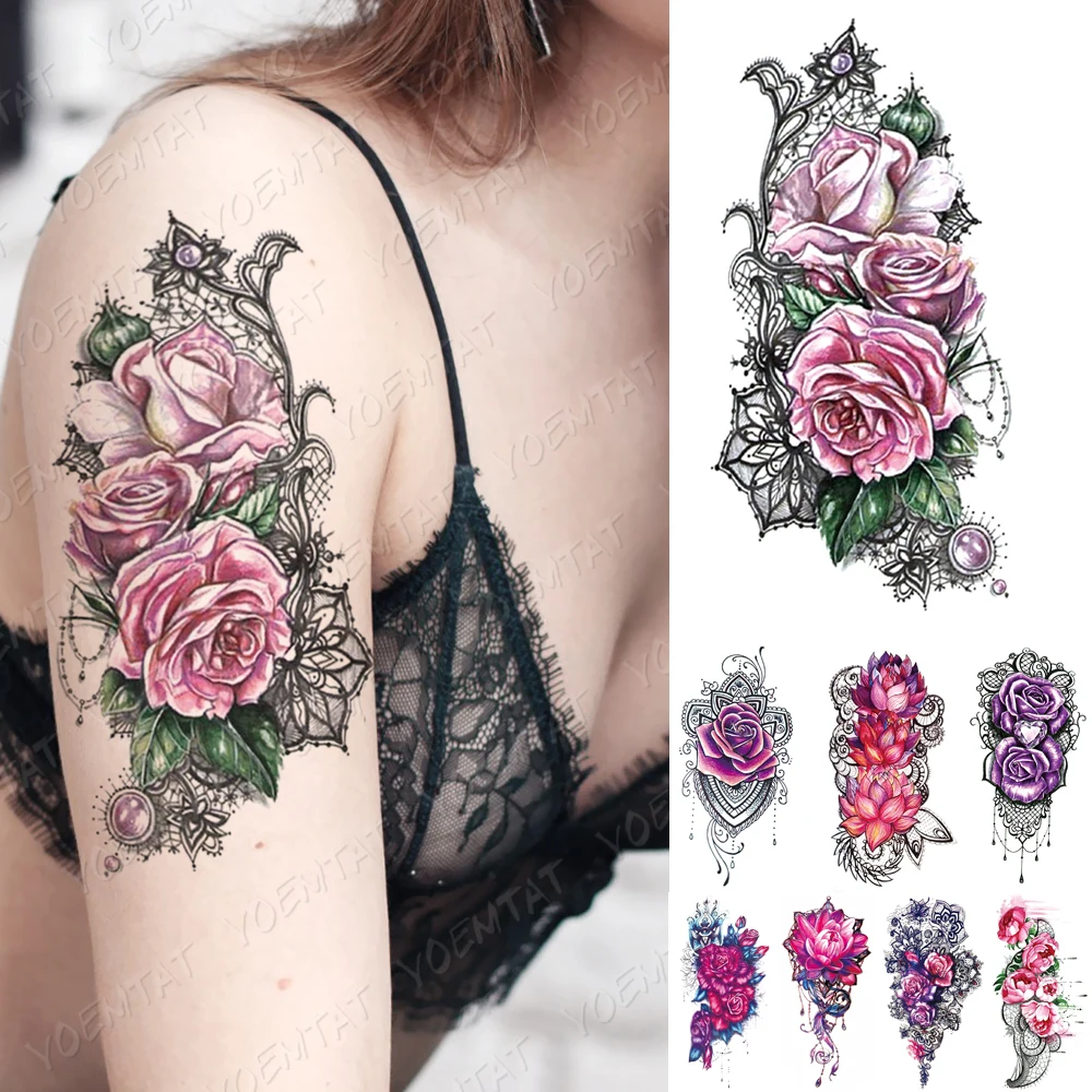 

Waterproof Temporary Tattoo Sticker Pink Purple Rose Flowers Flash Tattoos Lace Peony Lotus Body Art Arm Fake Sleeve Tatoo Women