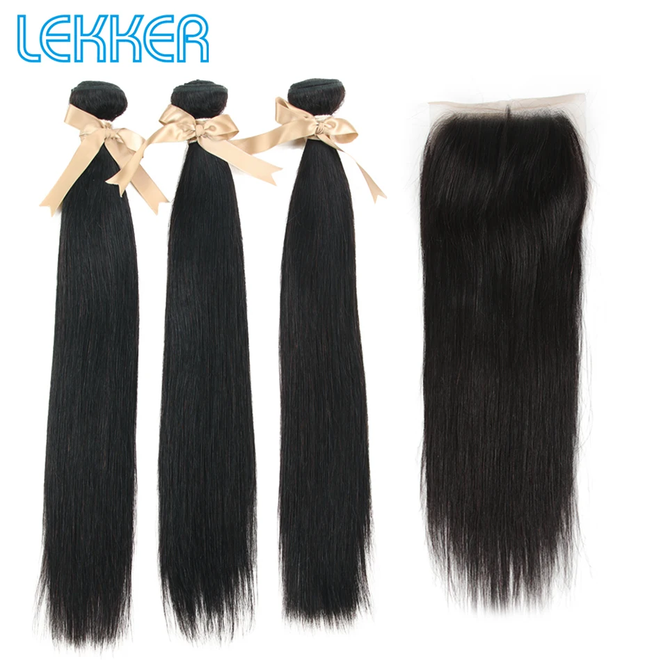 

Lekker Indian Straight Human Hair Bundles With Closure 3 Bundles With 5X5 Closure Natural Color 100% Human Hair