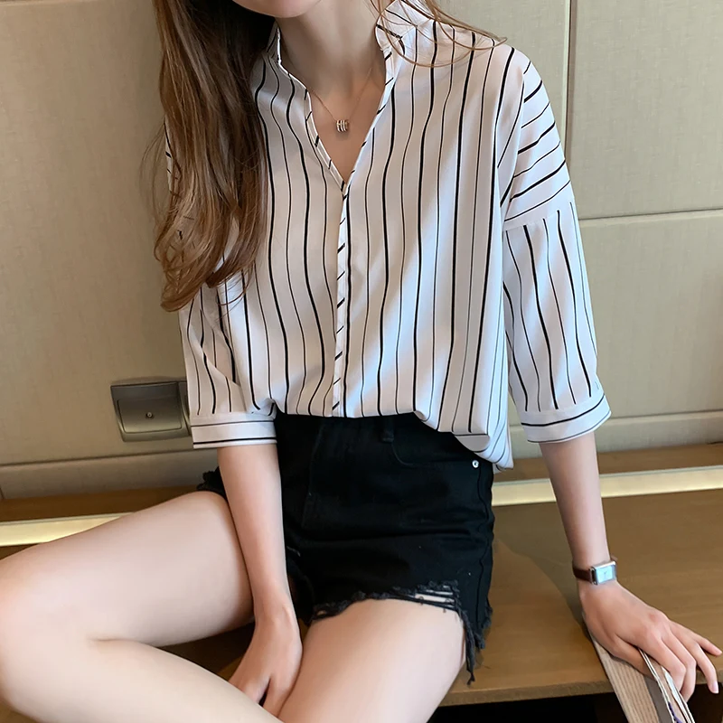 2020 New Summer Blouse Shirt Female Cotton Striped Print Short Sleeve Office Work Shirts Women Casual Tops Ladies Modis Clothing
