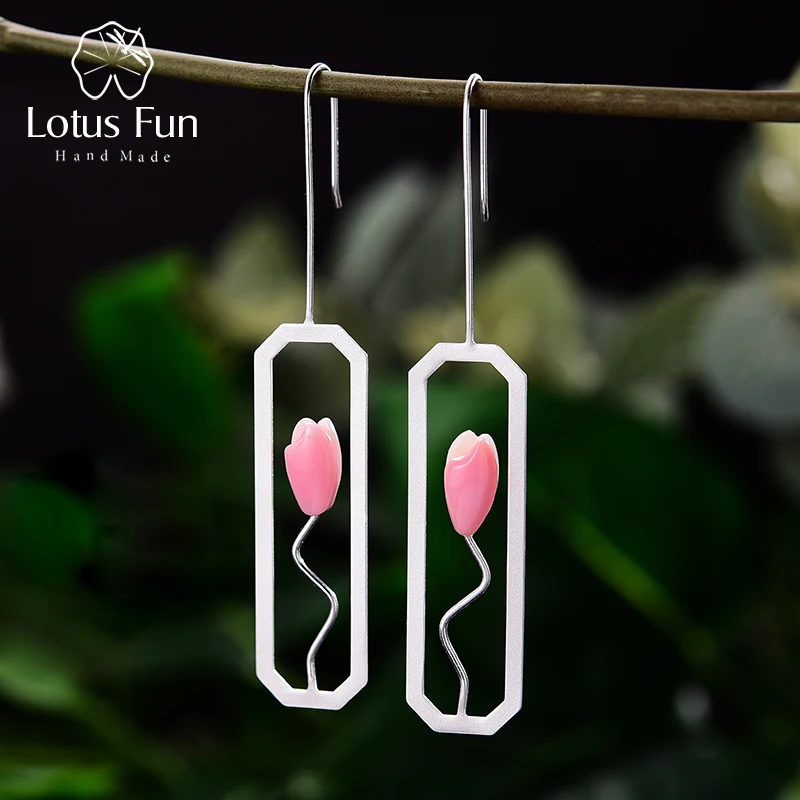 Женские серьги подвески цветок лилии Lotus Fun прямоугольные из настоящего серебра