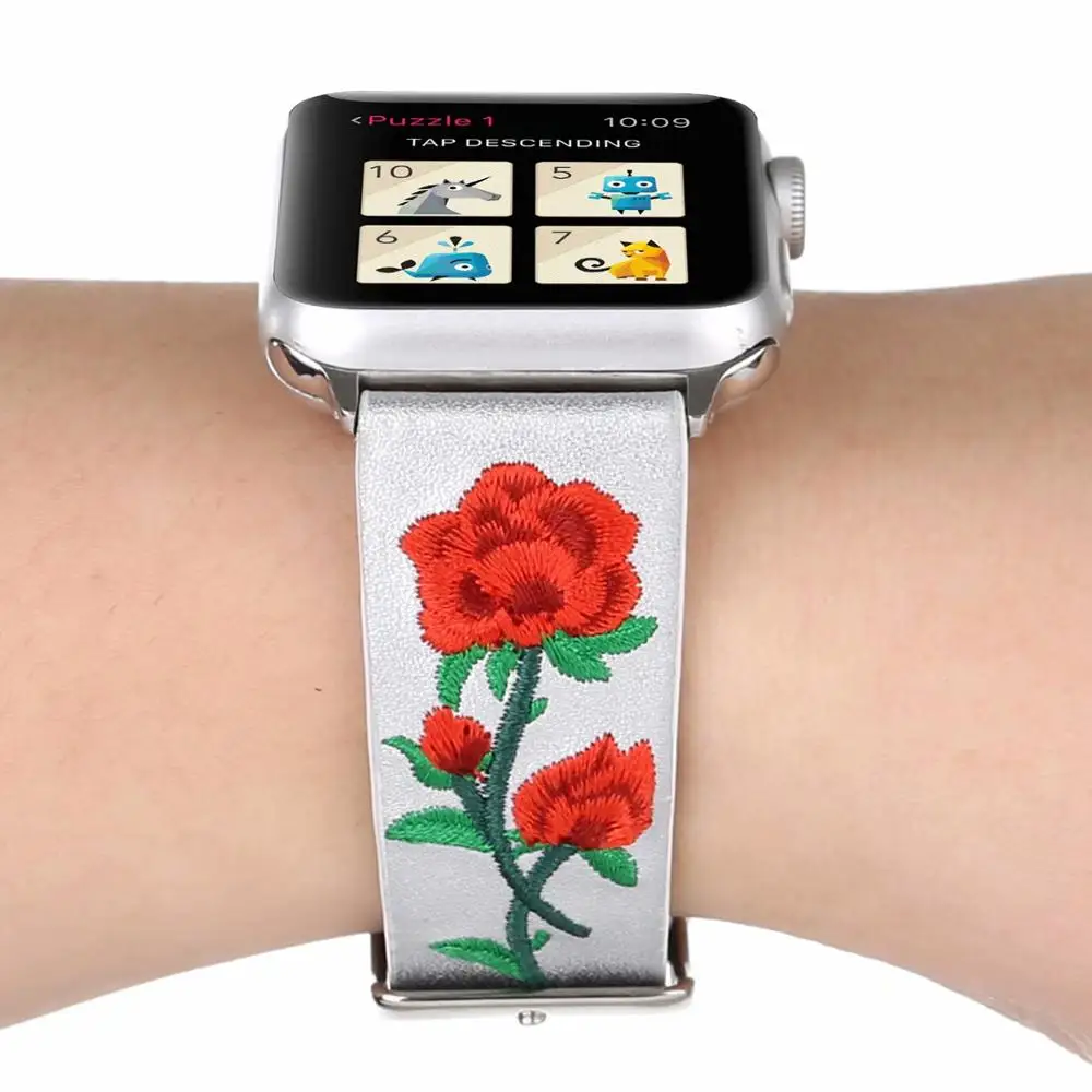 Кожаный ремешок для часов iWatch серии 5 4 3 2 1, браслет с 3D вышивкой розы, браслет для Apple Watch 38 мм 42 мм 40 мм 44 мм