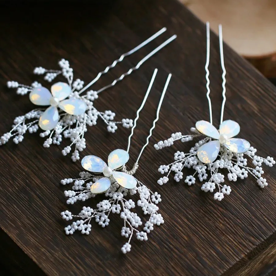 

Rosebridalpark Charming Flower Bridal Hair Pin Clip Silver Pearl Beaded Opal Headpiece Hairpin Wedding Hair Ornament Jewelry 3pc