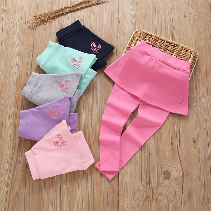 19 Girls Spring And Autumn Culottes Fake Two-Piece Leggings Children Outer Wear Elastic Solid Color Long Pure Cotton Pants