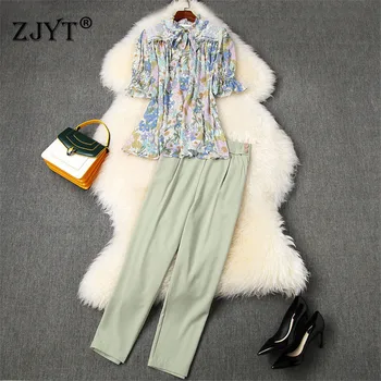

High Quality Designer Runway Suit Set Women 2020 Summer Style OL Pants Two Piece Set Ruffle Floral Chiffon Blouse and Pants Suit