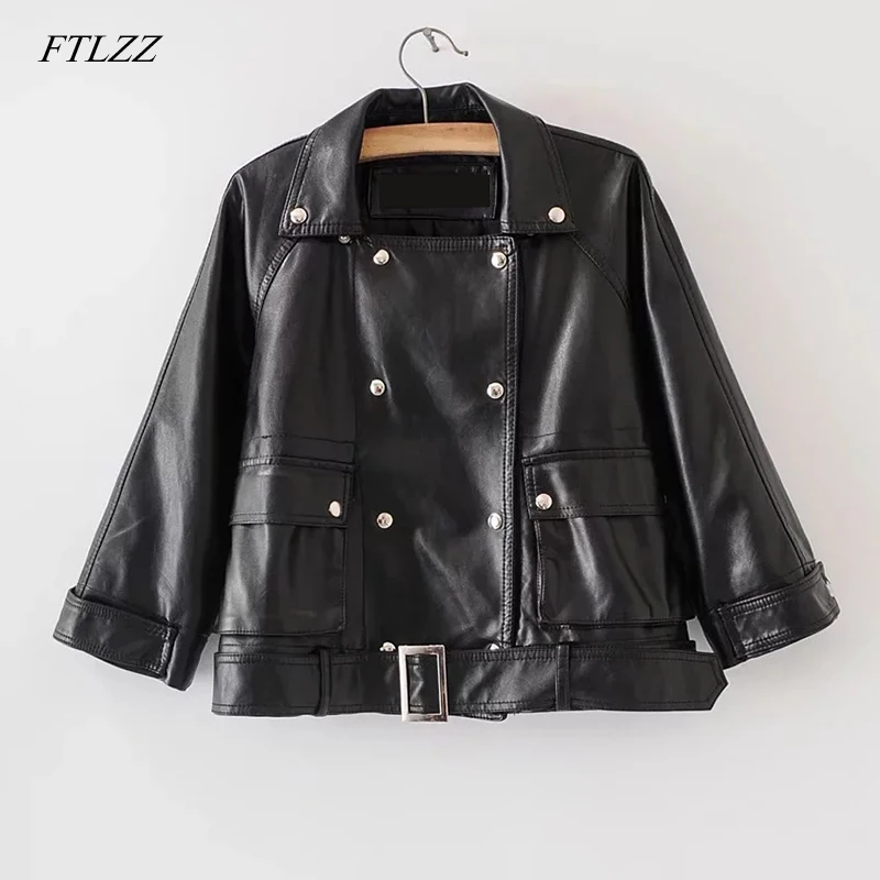 

FTLZZ 2019 New Pu Leather Jacket Spring Autumn Women Rivet With Belt Slim Motorcycle Jackets Faux Soft Leather Short Outerwear