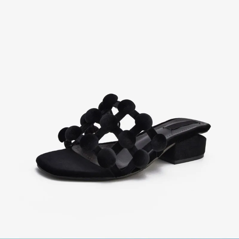 

Summer Beach Outdoor Sandalias Mujer Hot Brand Designer Women Slipper Med Heel Woman Slides Flock Ball Decor Zapatos De Mujer