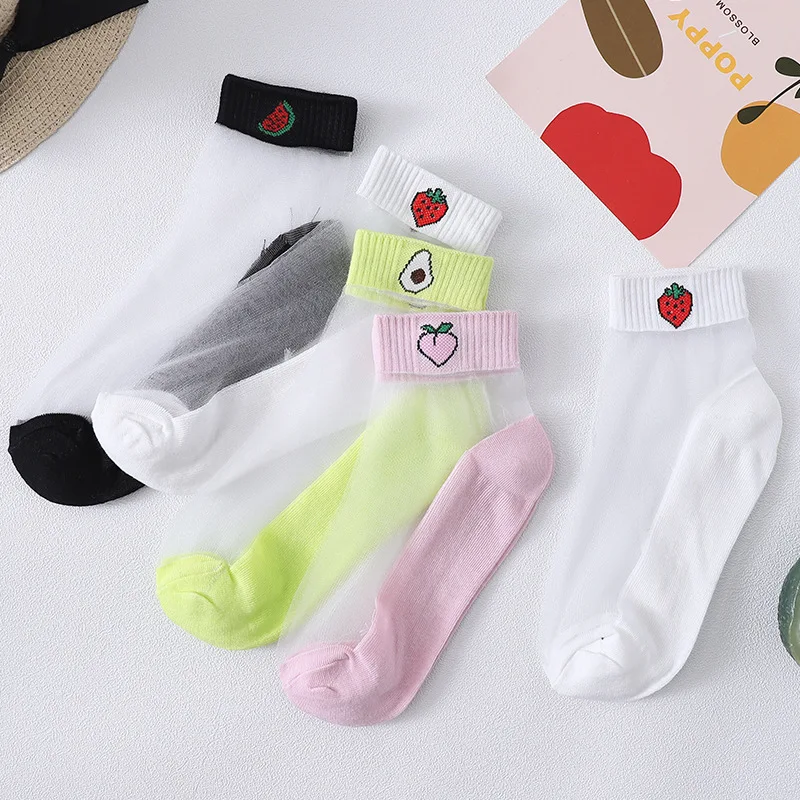 

Women Transparent Glass Fiber Ankle Socks Girls Cute Peach Strawberry Avocado Fruit Print Cotton Bottom Short Tube Hosiery