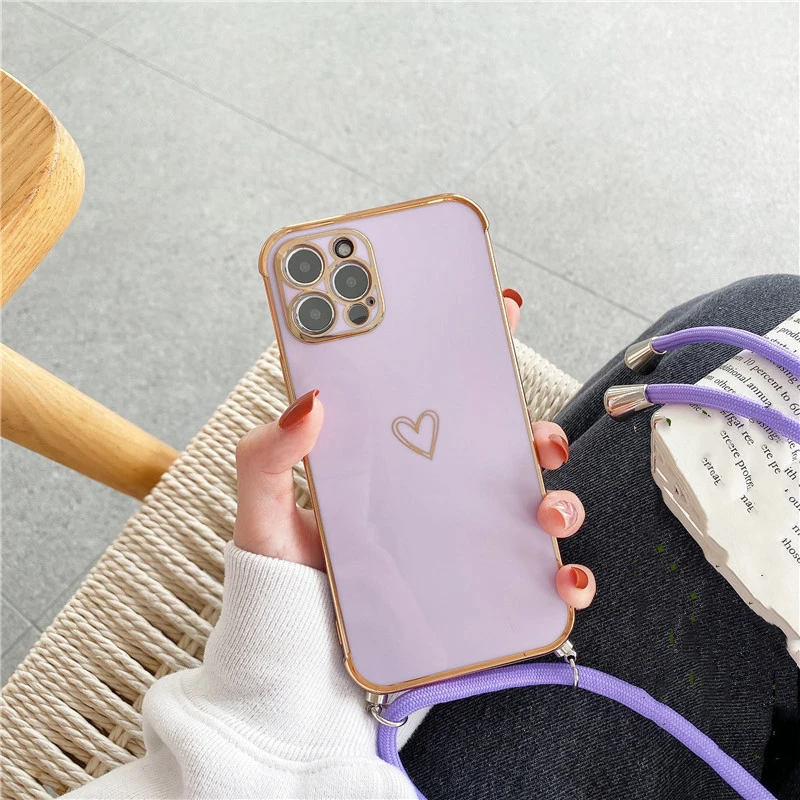 iphone 12 cover case Cute Electroplated Love Heart Lanyard Case For iPhone 11 12 13 Pro Max XS XR X 7 8 Plus Mini SE 2 Cord Rope Necklace Strap Cover apple iphone 12 case