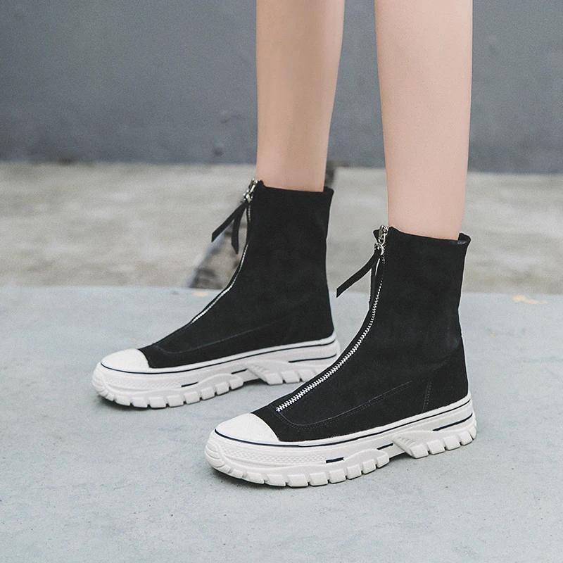 

Autumn Winter Women's High Top Shoes Nubuck Ankle Boots for Women Casual Sneakers Round Toe Zipper Student Flat Boots Black
