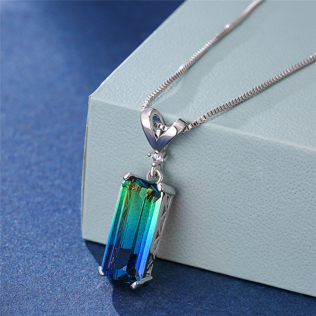 Female Blue Green Rainbow Stone Necklace Square Gemoetric Pendant Necklace Rose Gold Color Wedding Necklaces For Women
