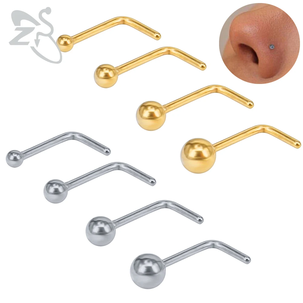 Zs 4pcs/lot Nose Studs Ball Round Nose Rings Lshape Gold Nostril